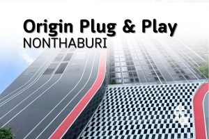 Origin Plug&Play Nonthaburi — ผ้าม่านสูง เต็มผนัง Double Volume: ม่านลอนรางเทป + ม่านโปร่งจีบ