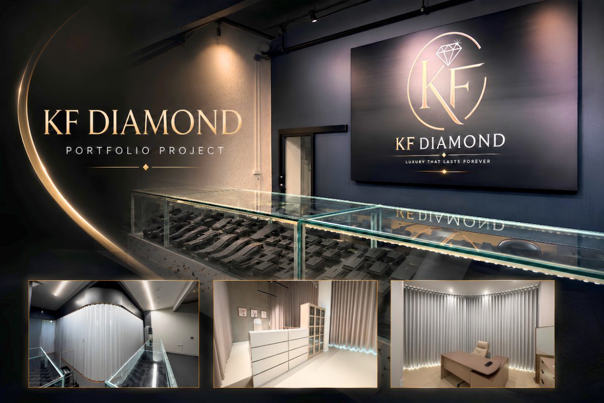 ผลงานติดตั้งผ้าม่านลอน และฉากกั้น PVC ดัดโค้ง ร้าน KF DIAMOND โครงการ Mixt จตุจักร